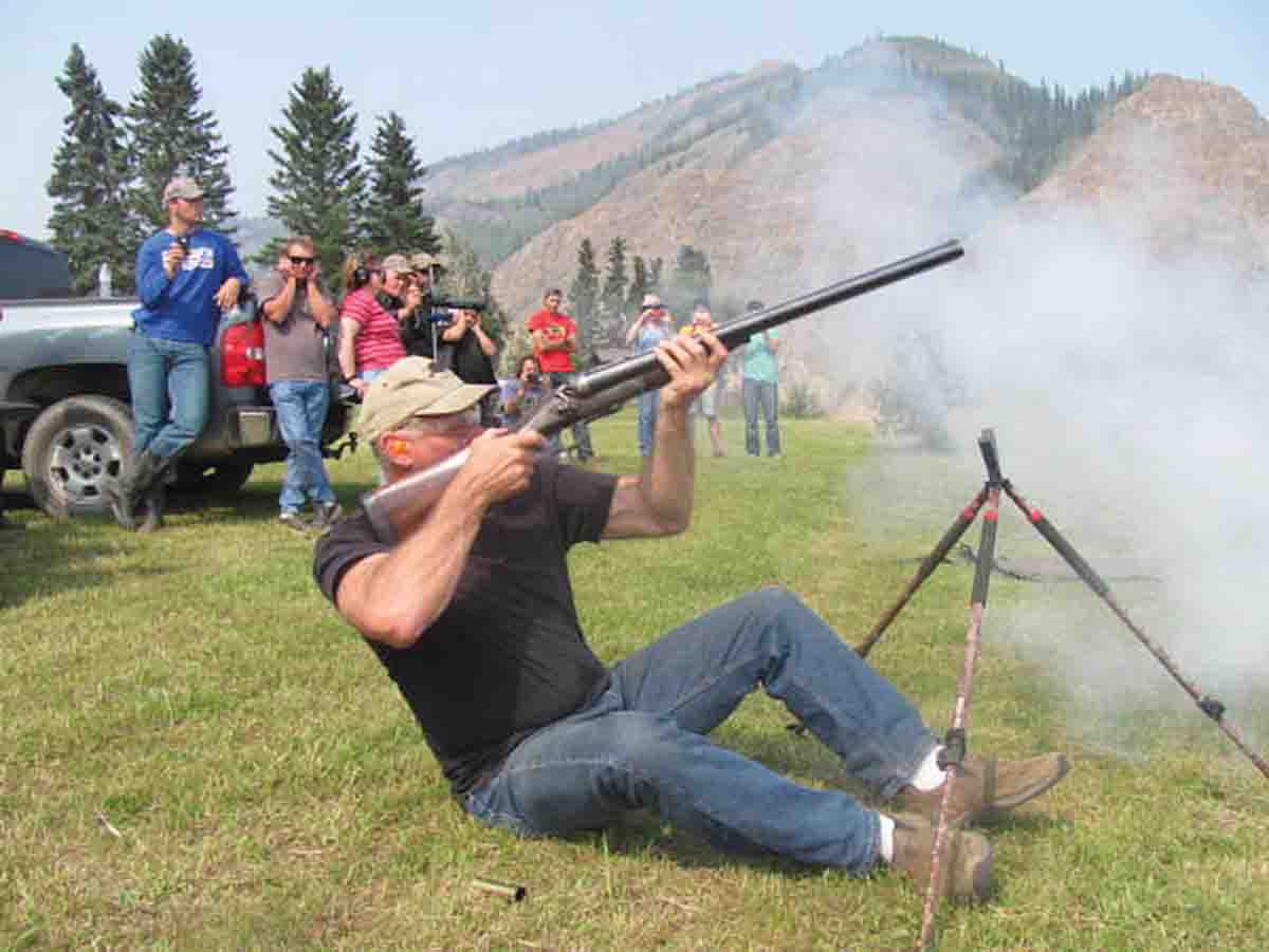 Author Cal Pappas shooting a “mild” load from his 4-bore double rifle during a match at Eagle, Alaska.